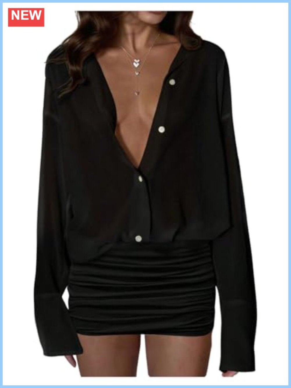 Mesh Long Sleeve Button Up Mini Dress Ruched Flare Party Dress